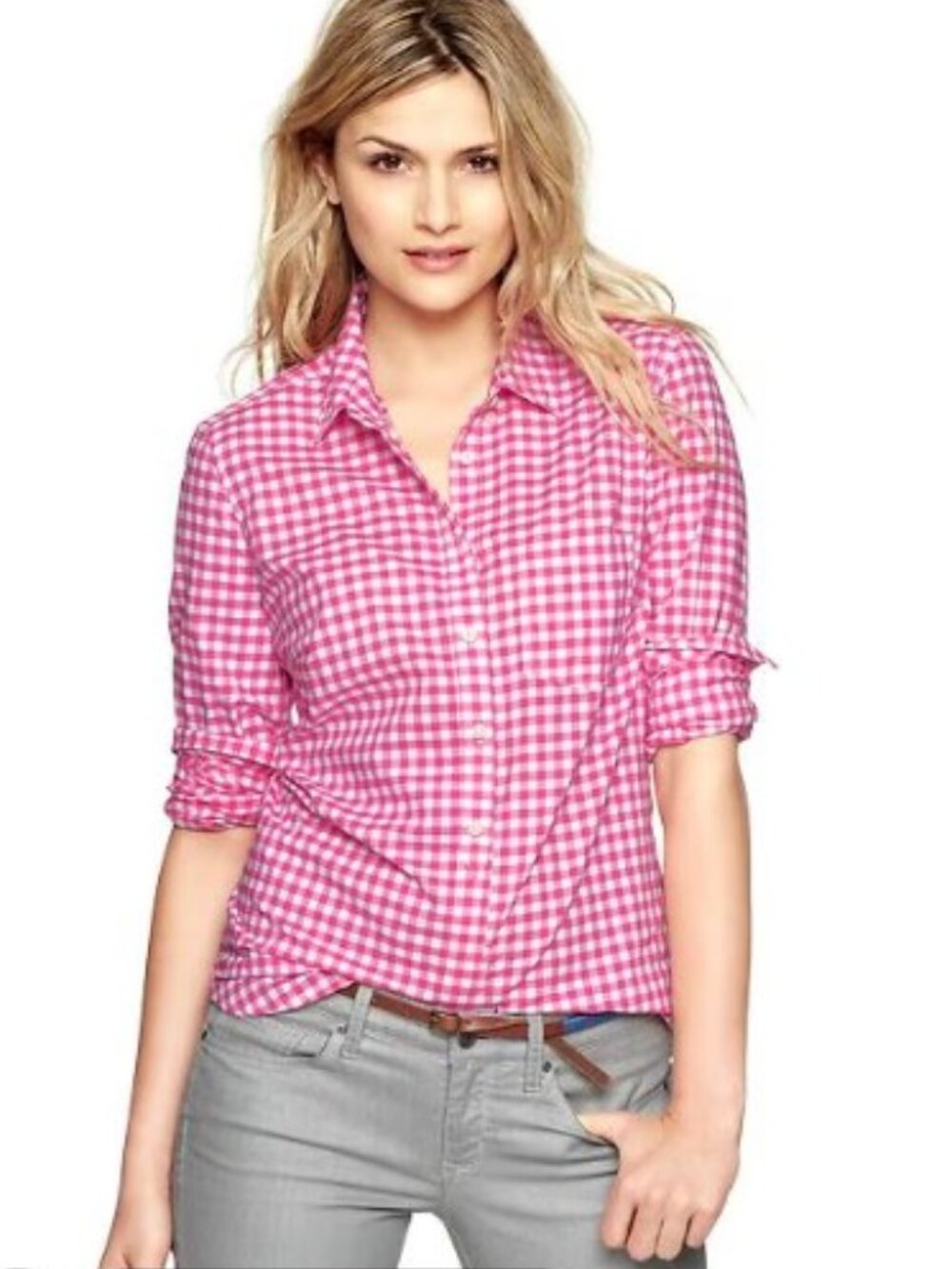 Talbots 100% Linen Pink & White Gingham Button-Up Shirt Size MP